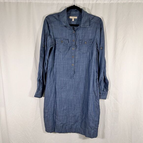 Banana Republic Knee Length Dress Women's 6 Blue Button Up Long Sleeve Collared - Picture 1 of 10
